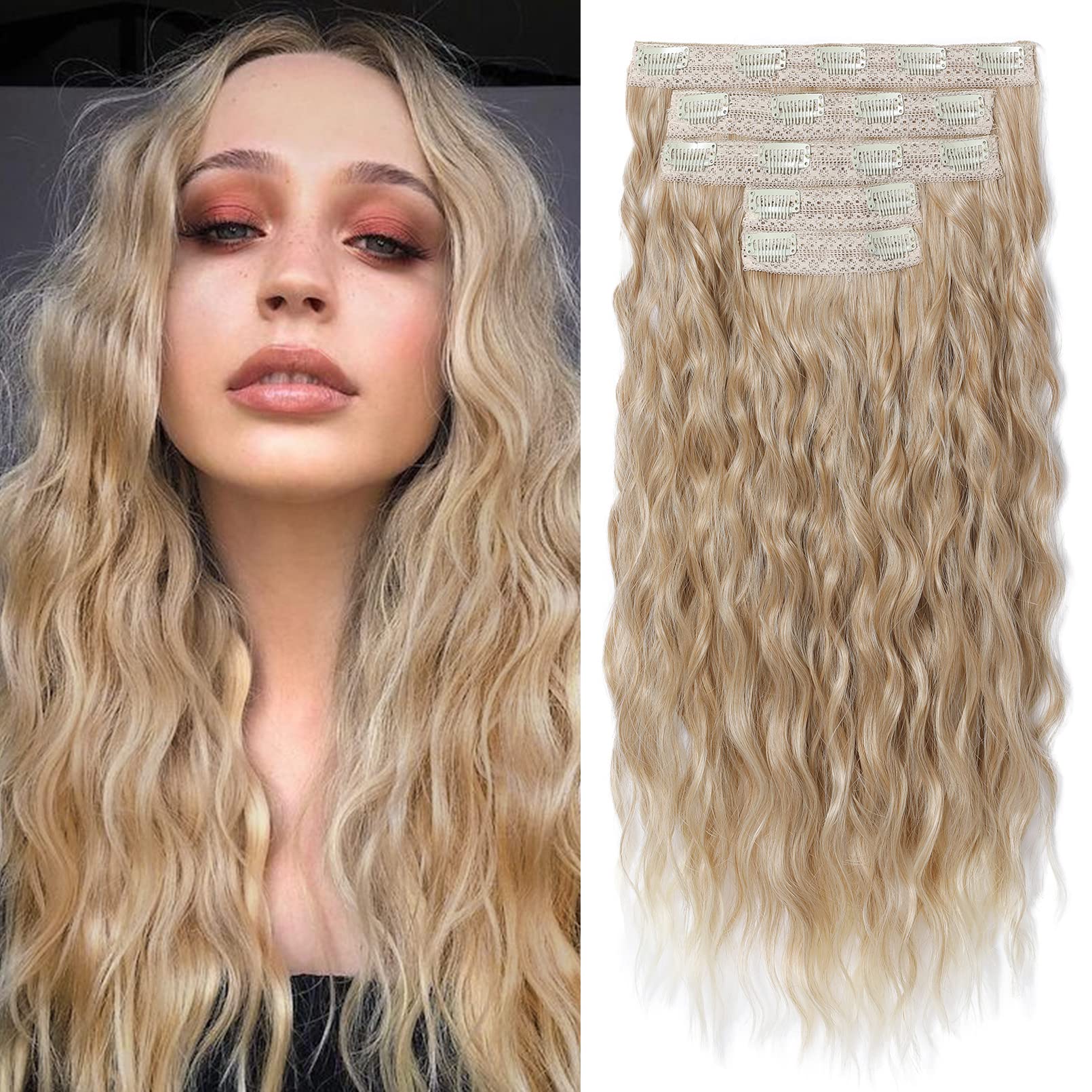 REECHO Clip in Hair Extensions, 5PCS Blonde Hair Extensions 24" Thick Long Loose Waves hair extensions HE002 Invisible Lace Weft Natural Soft Hairpieces for Women ¨C Dark Blonde with Light Ends