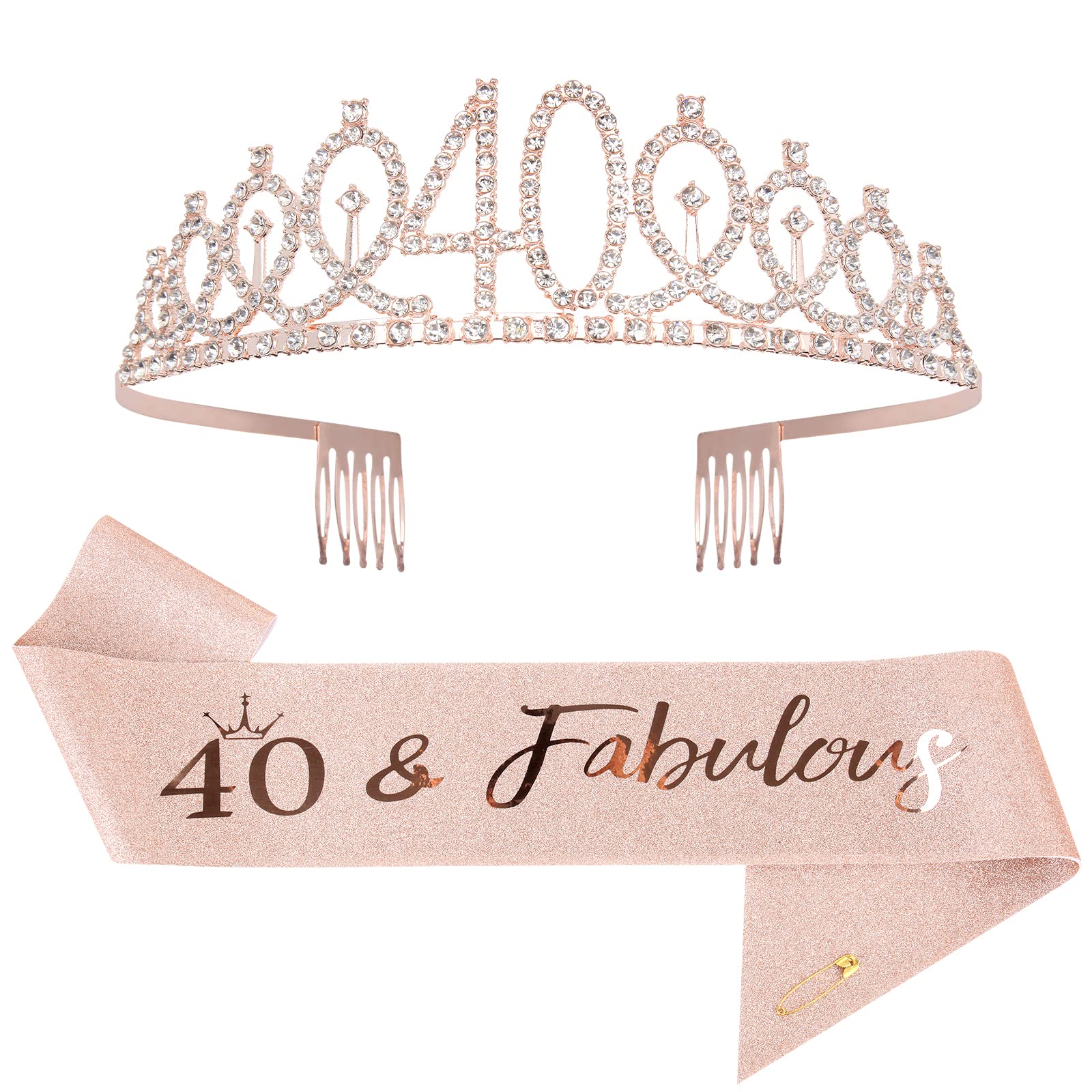 Mikccer Rose Gold 40th Birthday Sash and 40 Birthday Tiara, Rhinestone Crown Headband for 40th Birthday Gifts, 40th Birthday Decoration Party Accessories for Women (De-08)
