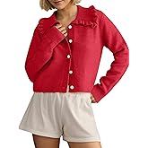 Ardrem Women Ruffle Collar Button Down Cropped Cardigan Long Sleeve Open Front Knit Sweaters Peplum Sweater Crop Jacket Tops