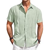 Runcati Mens Guayabera Shirts Short Sleeve Casual Cuban Linen Shirt Button Down Beach Summer Mexican Shirts