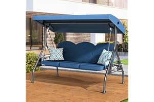 ZZW 3 Seat Outdoor Porch Patio Swing with Stand 800lbs 2-in-1 Convertible Swing Bed with Adjustable Canopy & Removable Cushion for Yard Garden Deck (Blue, Round Tube)