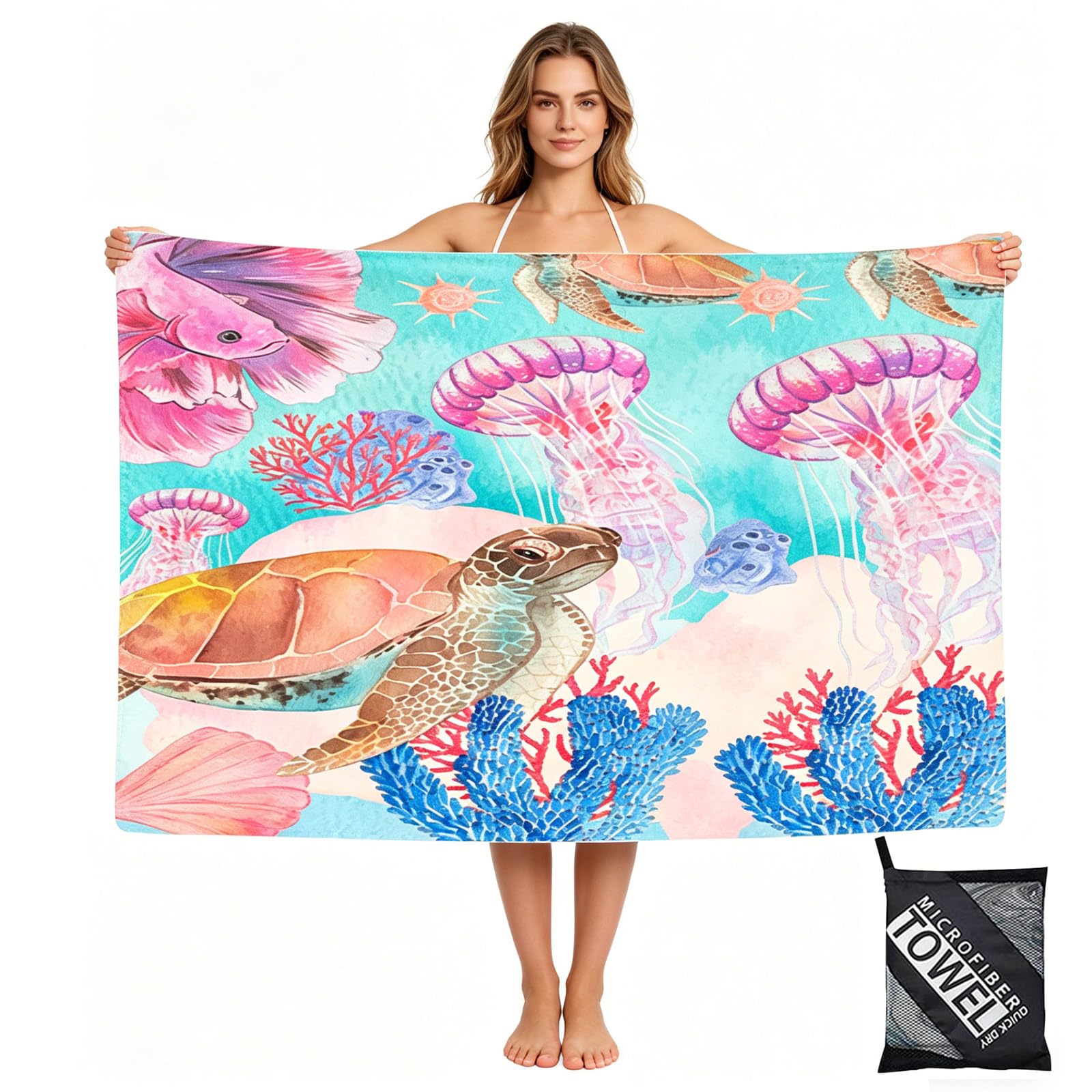 160x90cm Beach Towels in a Bag Large Microfibre Thin Beach Towel for Adults,Quick Dry Sand Free Light Bath Towel Pool Towel for Men Women,Bathroom,Holiday,Yoga,Gym Sports,Swimming(Pink Turtle)