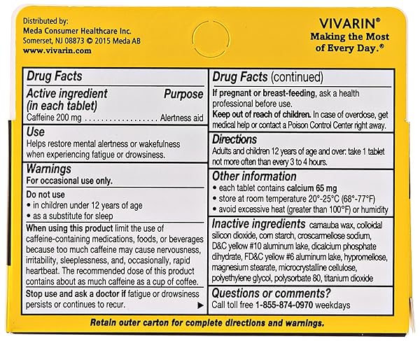 VIVARIN, CAFFEINE PILLS, 200MG CAFFEINE PER DOSE, SAFELY AND EFFECTIVELY HELPS YOU STAY AWAKE, NO SUGAR, CALORIES OR HIDDEN INGREDIENTS, ENERGY SUPPLEMENT, 40 TABLETS