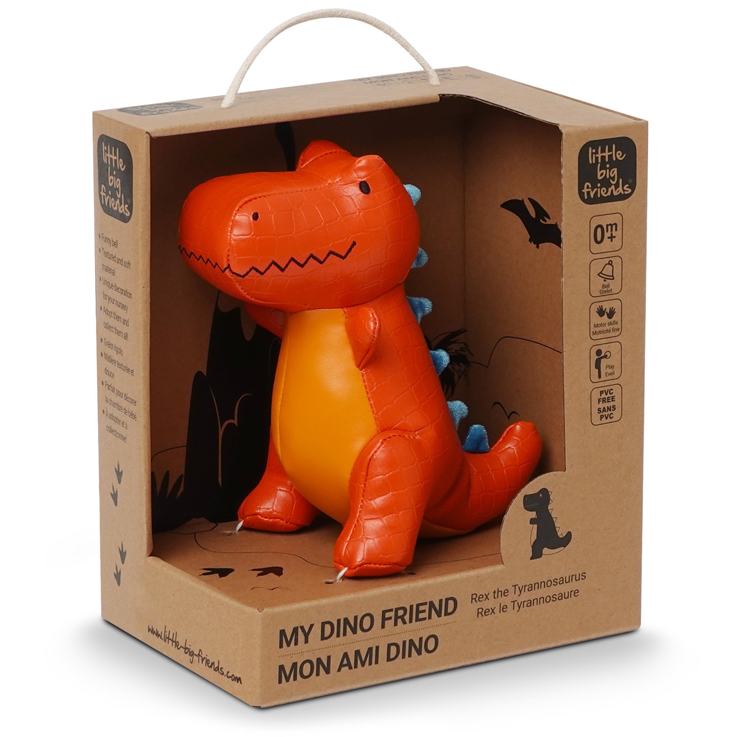 Little Big Friends Dino Friends | Stimulate the Senses with Colors, Textures & a Tinkling Bell | Vegan Leather | Easy to Clean | Rex the Tyrannosaurus