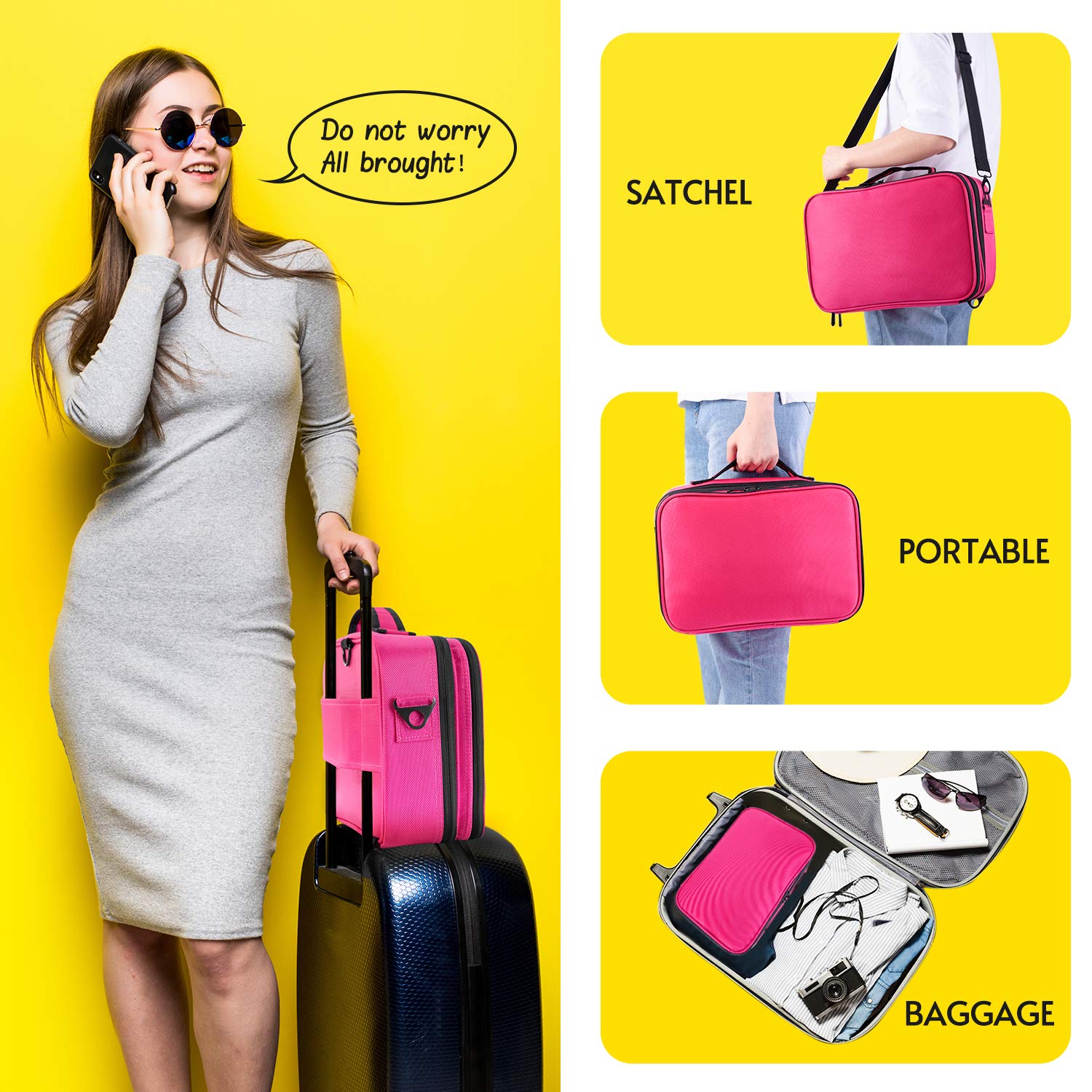 Makeup Train Case 6 Layer Waterproof Large Capacity Travel Cosmetic Case with Shoulder Strap, Portable Makeup Box Storage Organizer with Removable Dividers for Brushes Accessories Daily Use : Beauty