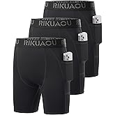 RIKUAOU Youth Boys Compression Shorts with Side Pockets, Kids Athletic Base Layers Running Underwear for Baseball Football
