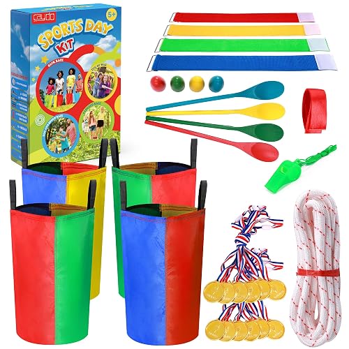 Caydo Sports Day Kit Outdoor Games - Potato Sack Race Bags, Egg Spoon Relay, 3 Legged Race Bands, Tug of War Rope, Medals - Fun Garden Games for Kids and Adults