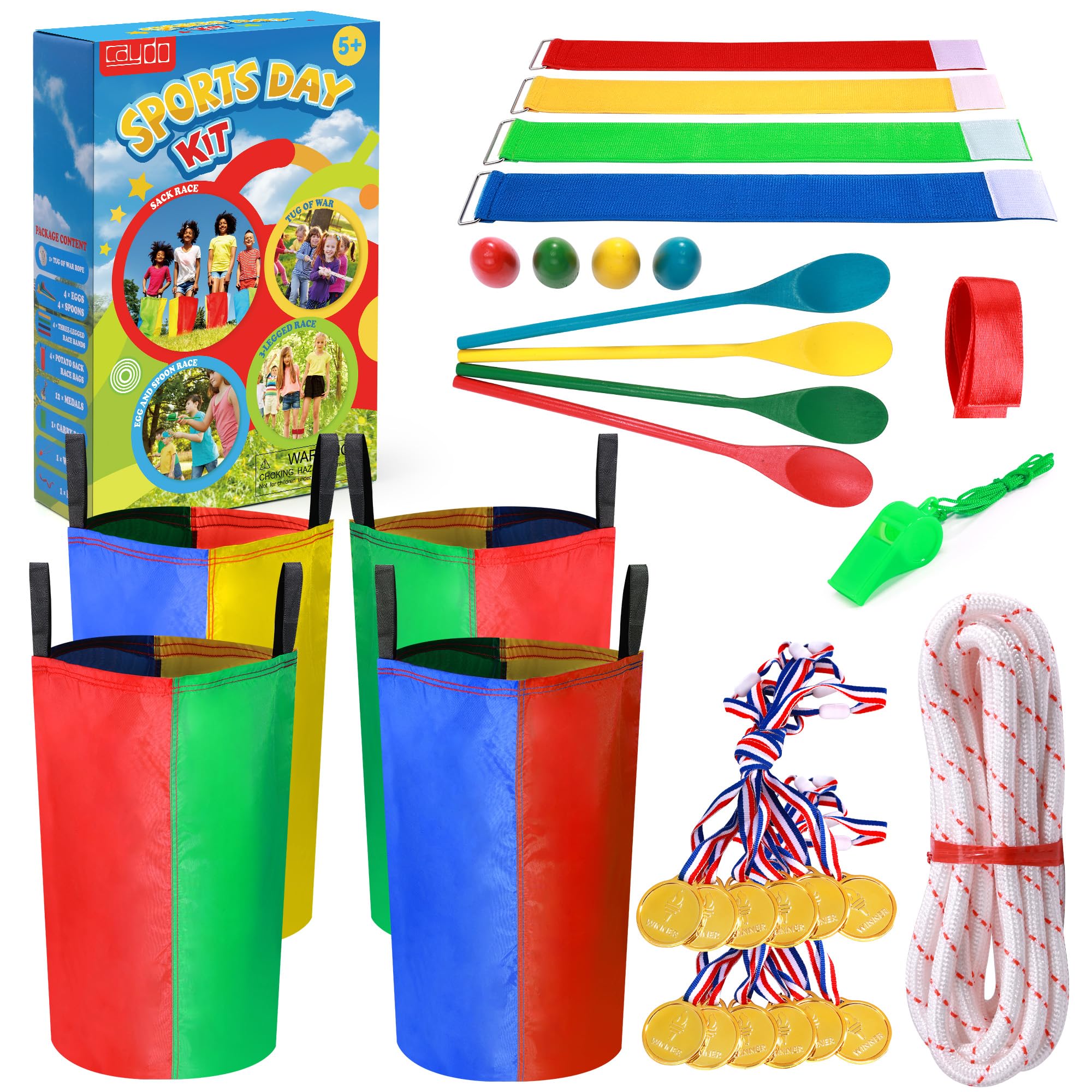 Caydo Sports Day Kit Outdoor Games - Potato Sack Race Bags, Egg Spoon Relay, 3 Legged Race Bands, Tug of War Rope, Medals - Fun Garden Games for Kids and Adults