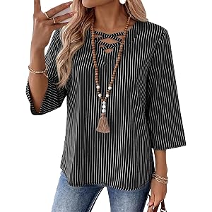 Rapbin Womens 3/4 Sleeve Tops Cotton Linen Shirts V Neck Criss Cross Tees Loose Fit Blouses Summer Fashion