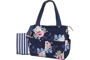 BABY ESSENTIALS Quilted Diaper Bag Crossbody Tote Purse with Changing Pad & 10 Pockets in Blue