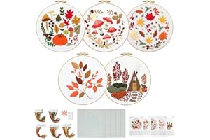 ELASIGNSHOPO 5 Sets Fall Embroidery Kit for Beginners Adults Embroidery Starter Kit Mushroom Maple Leaf Autumn Cross Stitch Kits Embroiderys Needlepoint Kits Include Instruction 2 Hoops Color Threads Needles