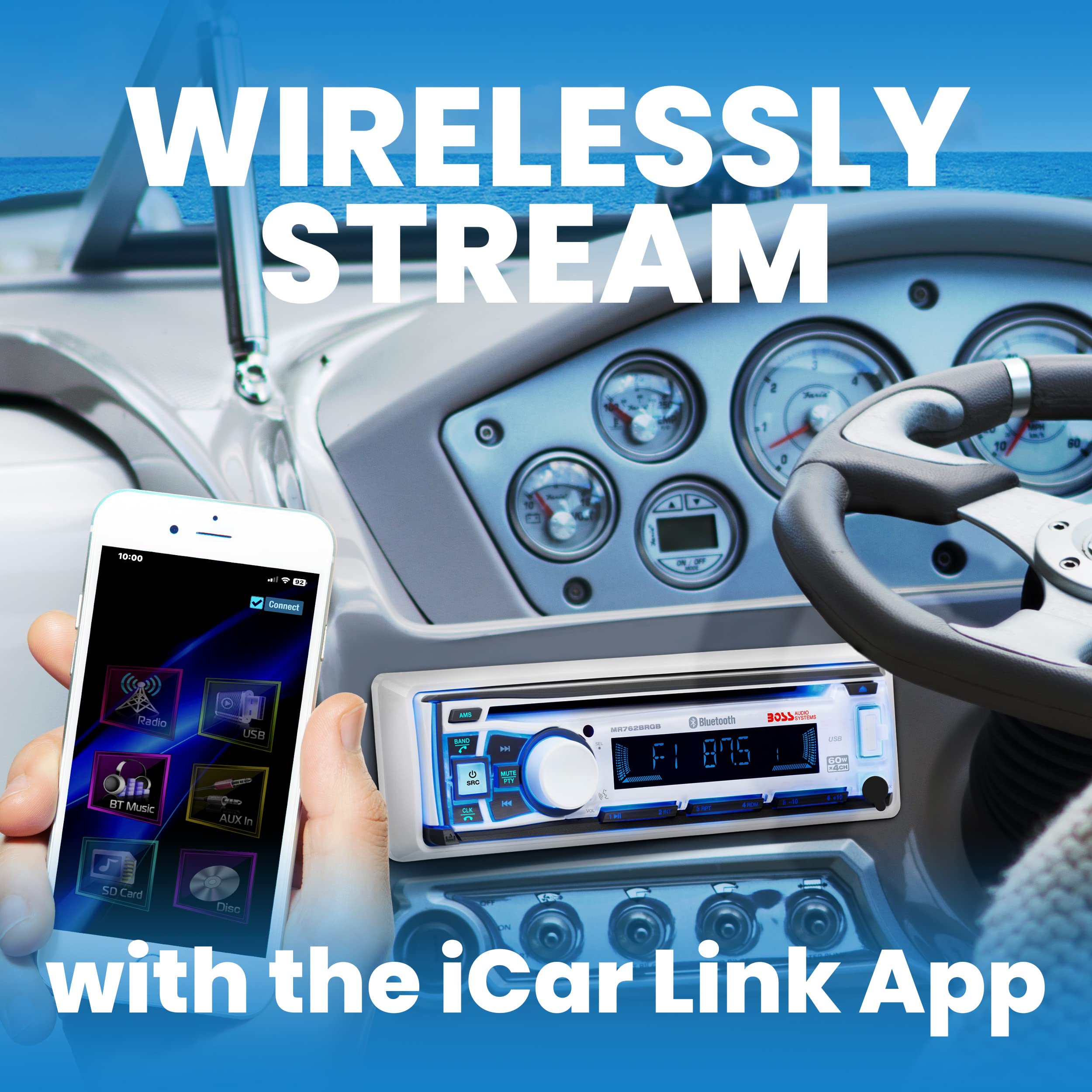 BOSS Audio Systems MR762BRGB Marine Boat Stereo – Single Din, Bluetooth, CD DVD Player, AM FM Radio Receiver, Weatherproof, Multicolor Illumination