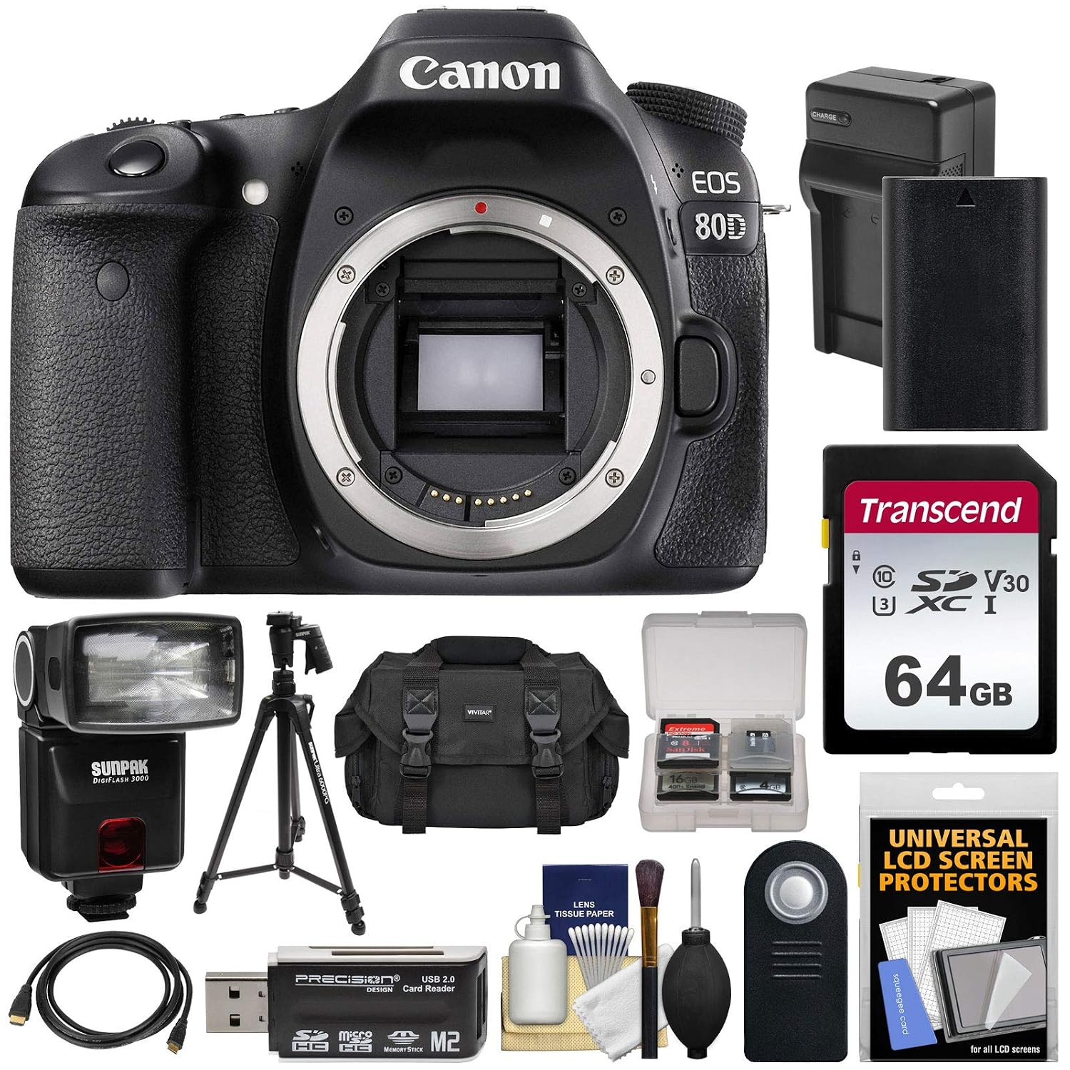 + Wi-Fi + Canon EOS Card Flash Camera + Kit \u0026 + Battery 80D Digital  Case Tripod with Body Charger SLR 64GB +