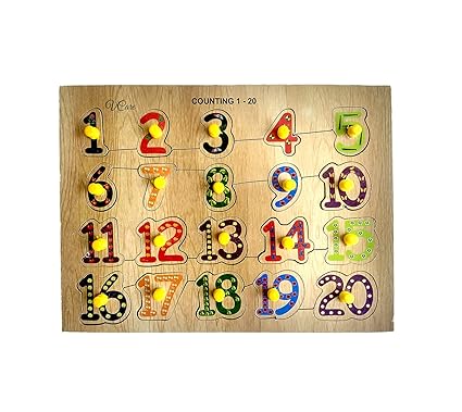 Vcare wooden craft Number(1-20) Puzzle Tray with Knobs Multi Color(11*8*1 Inch)
