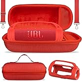 JCHPINE Silicone Cover and Hard Carrying Case for JBL Flip 7 Portable Speaker, Carrier Accessories for JBL Flip 7 Silicone Case with Handle and Shoulder Strap (Red)