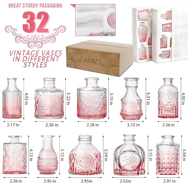 ARME BUD VASE SET OF 32, PINK VASES IN BULK BUD VASE FOR FLOWER SMALL GLASS VASES FOR WEDDING CENTERPIECES, VINTAGE CUTE MINI FLOWER VASE, HOME TABLE FLOWER DECOR