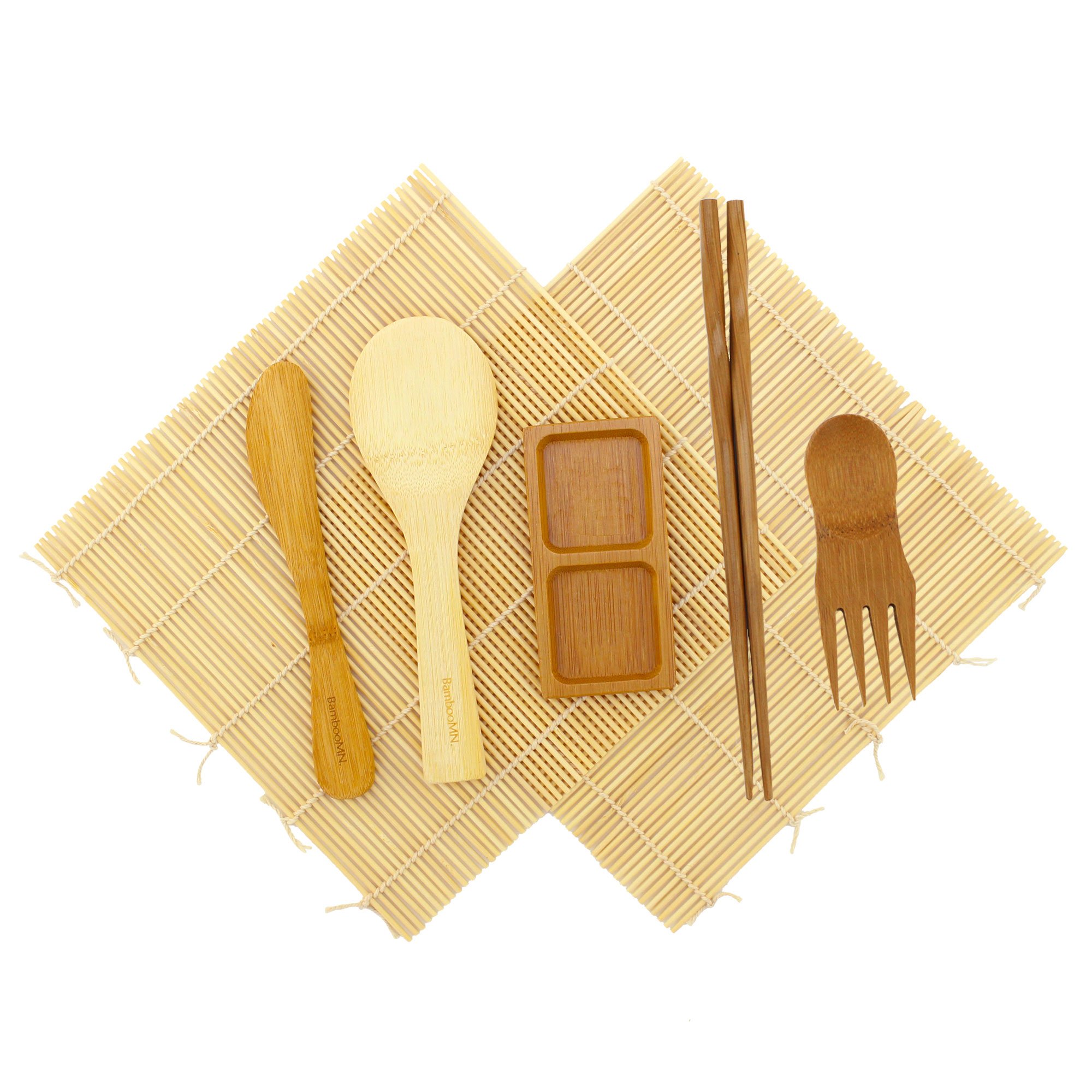 BambooMN Sushi Making Kit - 2X Natural Sushi Rolling Mats, 1x Rice Paddle, 1x Spreader, 1x Chopsticks, 1x Sushi Sauce Dish, and 1x Free Spork - Deluxe Sushi Set - 3 Sets