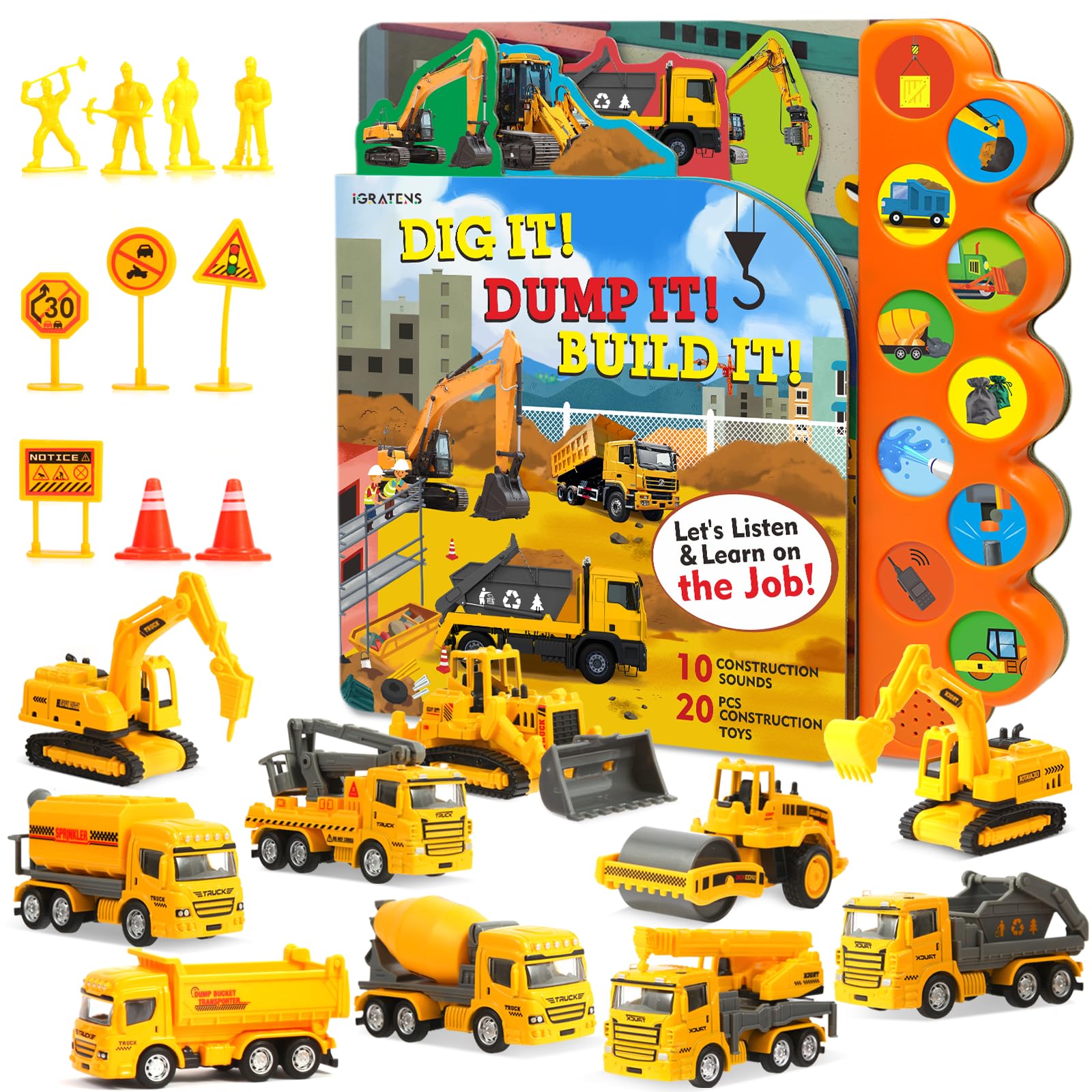 Photo 1 of iGRATENS Construction Toys with Sound Books - Dig It! Dump It! Build It! Construction Board Book with 10 Buttons & 20 PCS Toys for 3+ Year Old, Great for Little Alloy Truck Lovers Kids
