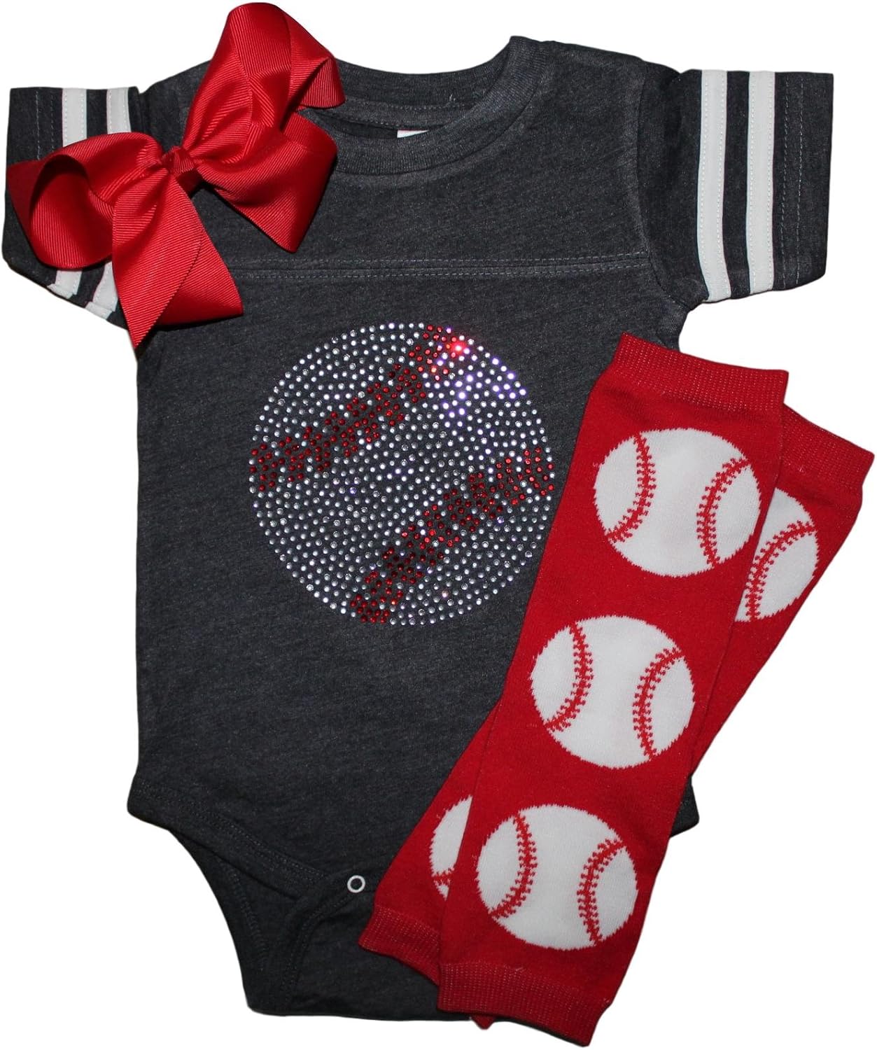Rhinestone Baby Girls Baseball Team Color Sport Outfit with red Baseball Leg Warmers