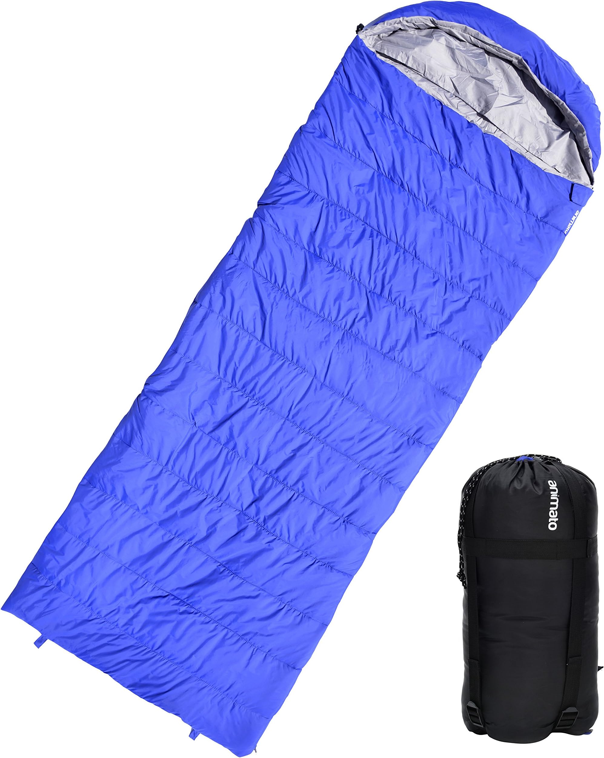 Animato Lightweight Waterproof Envelope Sleeping Bag for Backpacking Camping Hiking Outdoor with Compression Sack Ultra Light 3 Season Bag for Women Men Adults Kids Blue Gray Double Bag Zipper