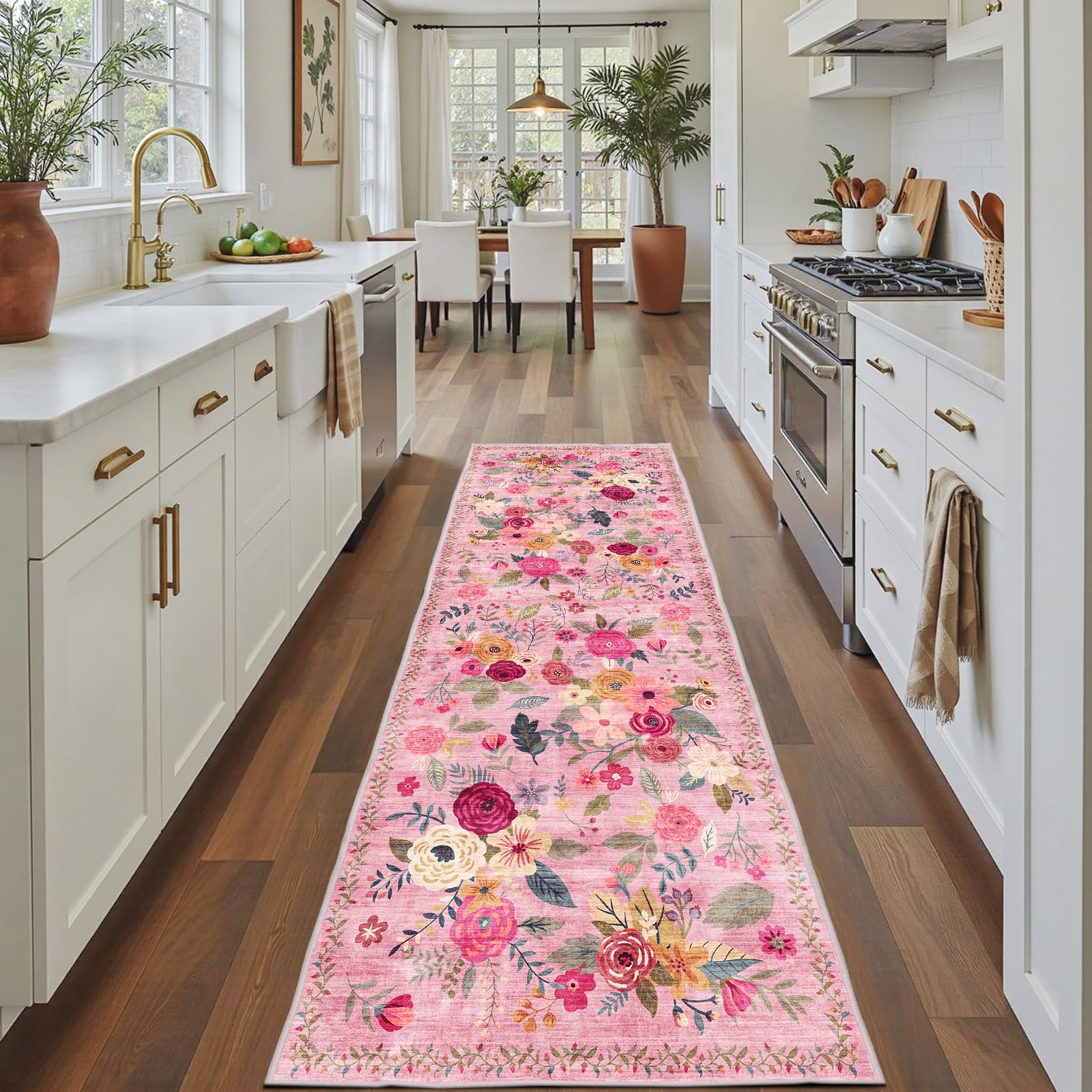 Photo 1 of Pink Rug for Hallways Kitchen Rug 2x8, Non Slip Washable Rugs with Rubber Backing Soft Floral Carpet Runner for Hallways, Kitchen, Laundry, Bedroom, Bathroom (2 x 8, Pink Lawn)