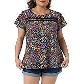 Agnes Orinda Women's Plus Size Top Crew Neck Short Sleeve Front Lace Hollow Blouse Floral Summer Shirt Tops Vacation