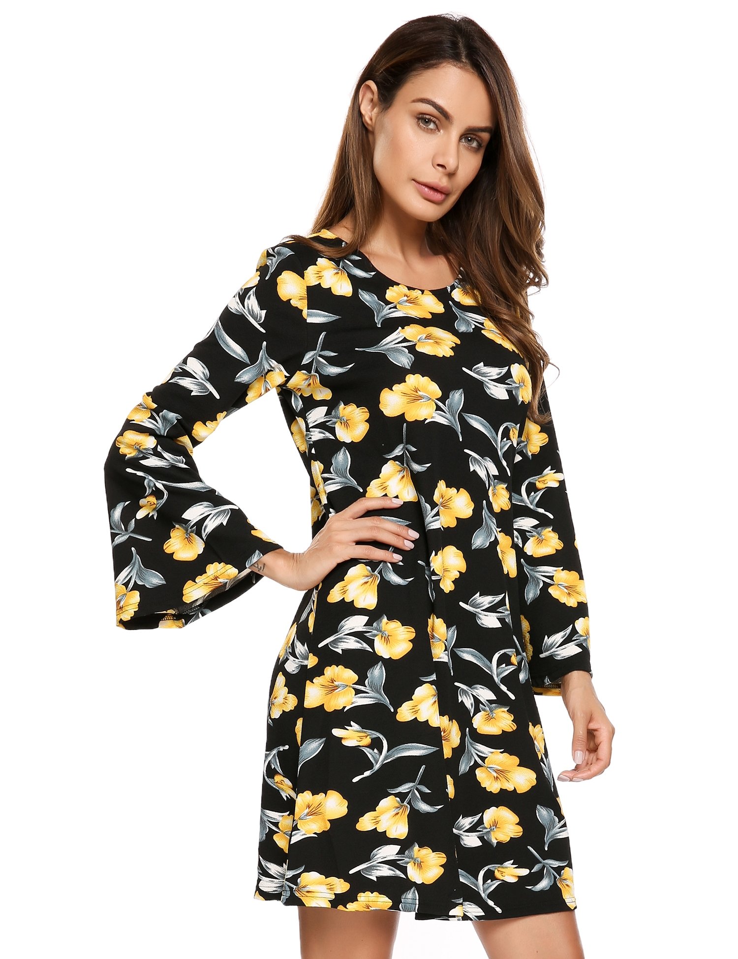 Beyove Women\'s Casual Printed O Neck Long Sleeve Dresses