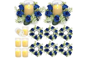 YMDOBIGER 6 Sets Candle Rings with LED Flameless Candles, 3 Inch Artificial Rose Wreaths Eucalyptus Leaves for Table Centerpieces Home Wedding Party Decor, Royal Blue