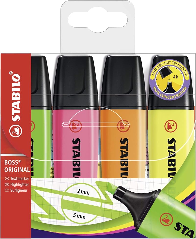 STABILO BOSS ORIGINAL Highlighter Pack 4 Yellow Orange Green Pink