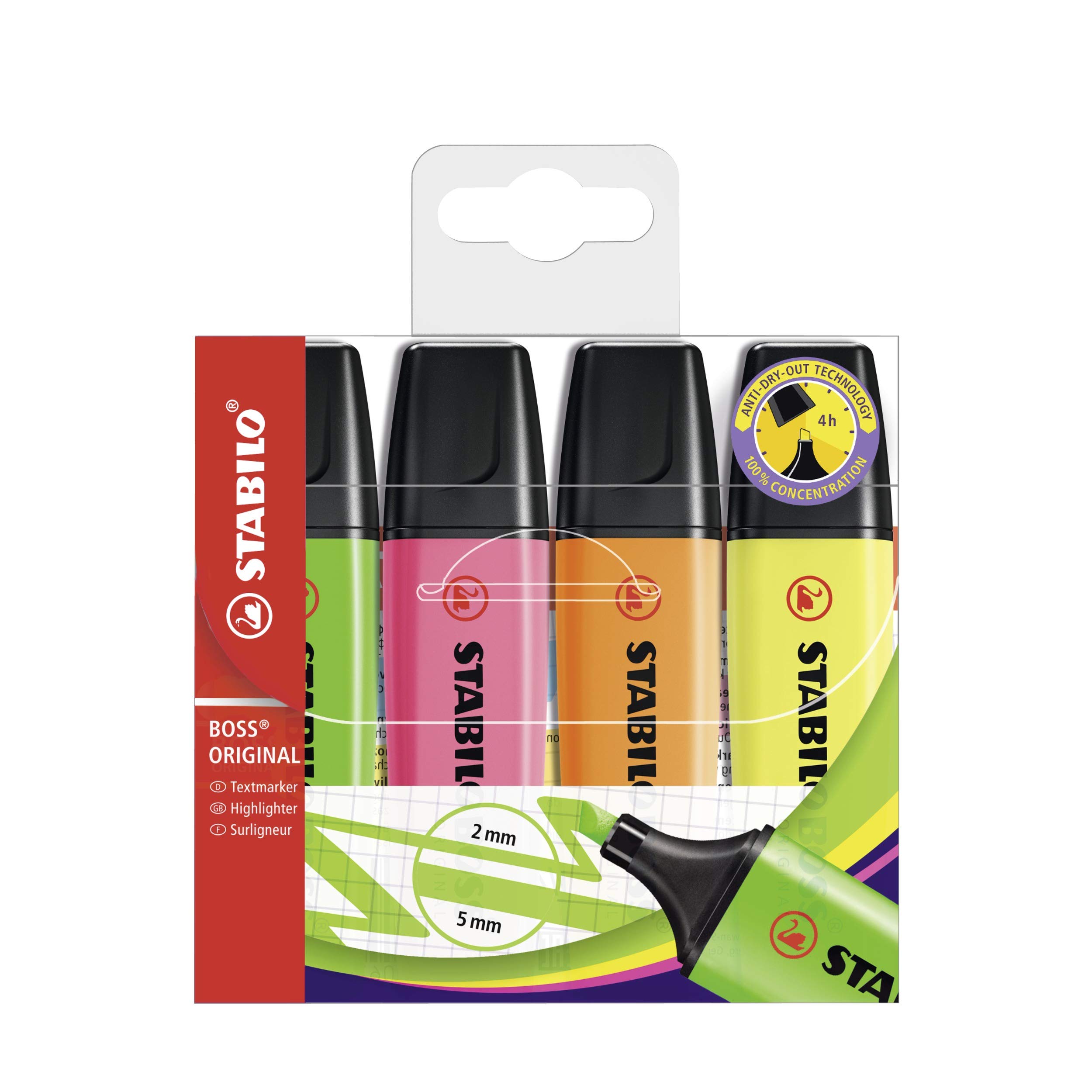 Photo 1 of STABILO Boss Original Highlighter Pens Chisel Tip 2-5mm Line - Assorted Colours (Pack of 4)