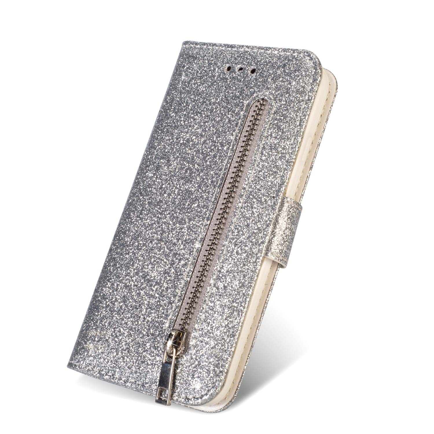 ZCDAYE Galaxy S9 Plus Wallet Case,Bling Glitter Sparkly Zipper PU Leather Magnetic Flip Folio Card Pockets Holder with Wrist Strap Stand Protective Case Cover for Samsung Galaxy S9 Plus - Silver