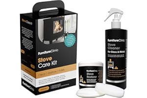 Furniture Clinic Stove Care Kit – Clean & Restore Log Burners, Grates, & Fireplaces | Removes Soot & Dirt | One Bottle Glass & Metal Cleaner + Stove Polish | 500ml / 17 Fl Oz Each Bottle