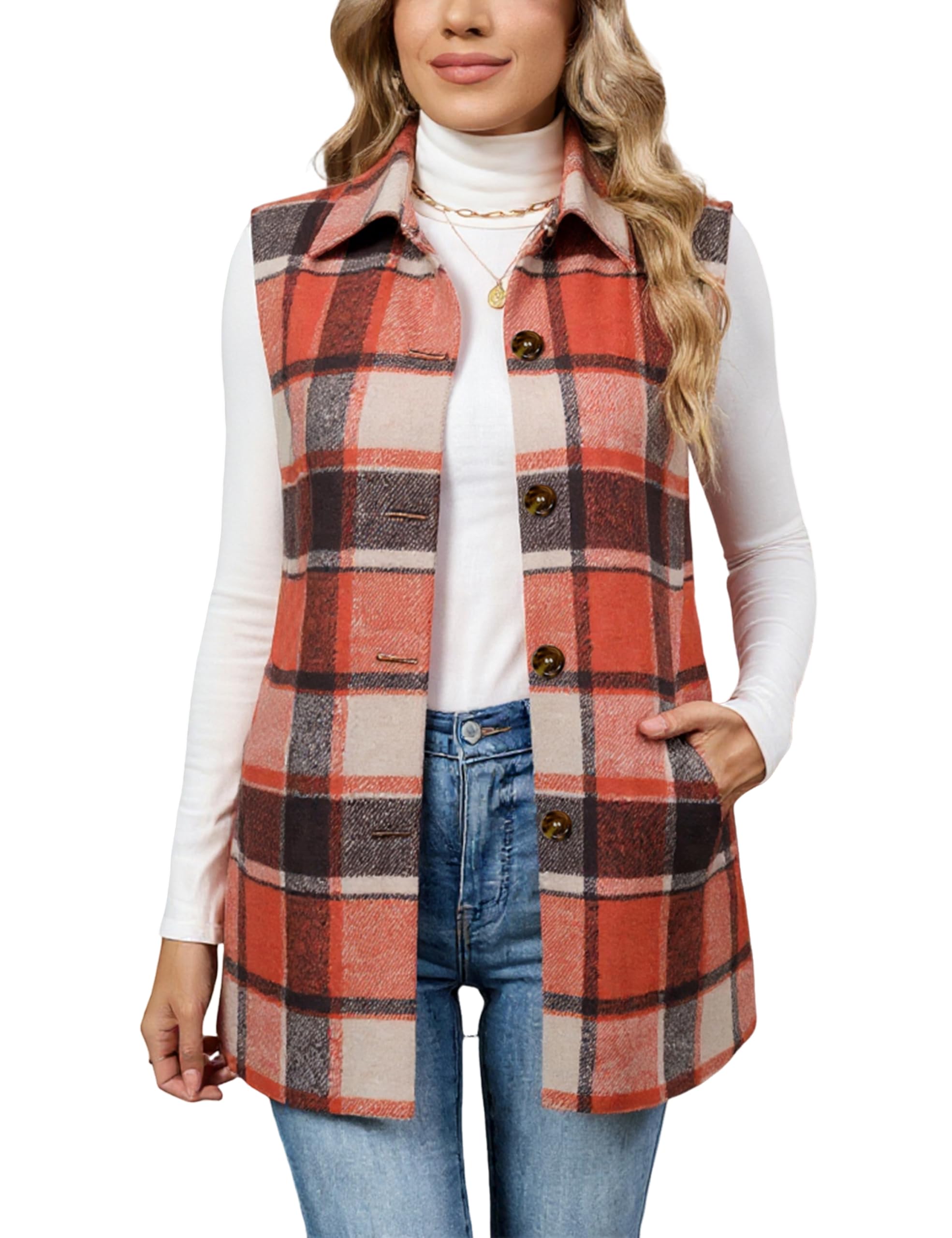 UANEO Womens Fall Flannel Plaid Vest Button Down Sleeveless Shirt Jacket With Pockets (Orange-M) Image