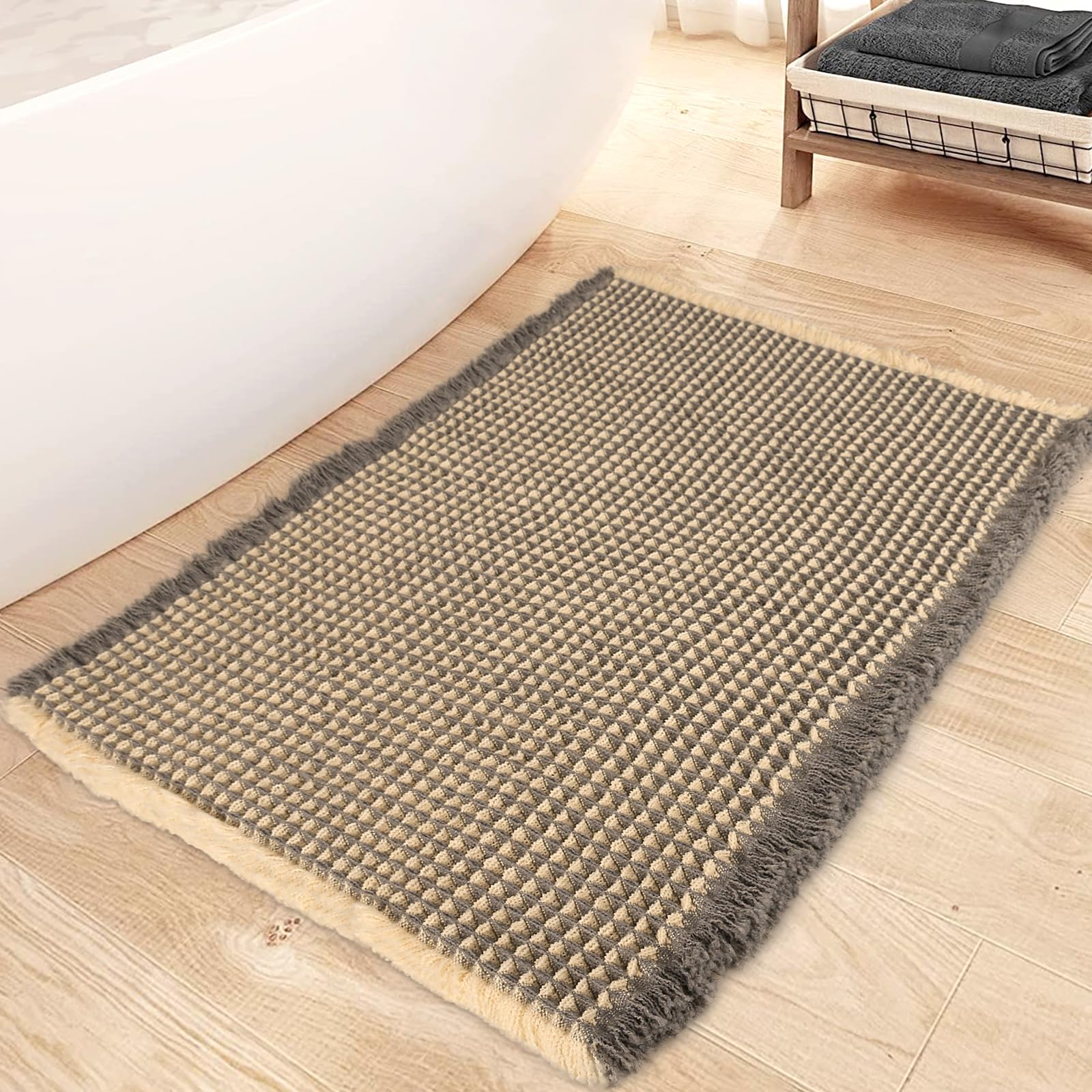 Mavicen Bath Mat 61 x 91 cm, Super Absorbent Non-Slip, Machine Washable, Boho Style, Beige/Grey