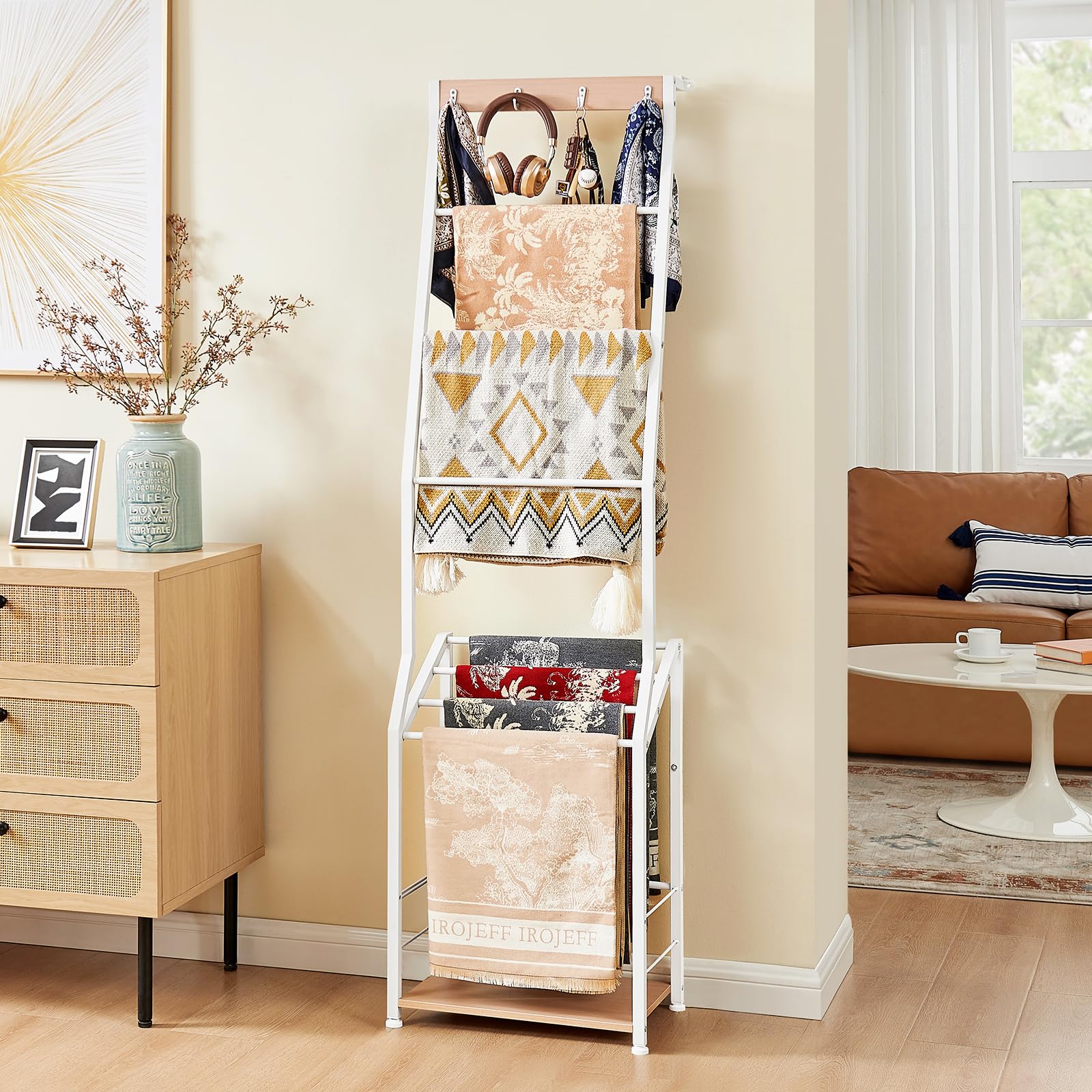 Photo 1 of Pinzoveco Blanket Ladder, 7 Tier Blanket Ladders for The Living Room,Wooden Ladder Shelf with Hooks, 5.5ft Blanket Holder Rack Farmhouse Ladder Rack for Storage and Home Decor (White)