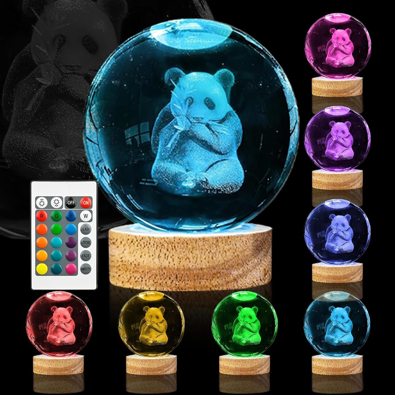 3D Crystal Ball Night Light 16 Colours Panda Lamp 80 mm USB Panda Lamp Glass Ball with Wooden Base Snow Globe Glass Laser Engraving Gift for Women Children Friends Family