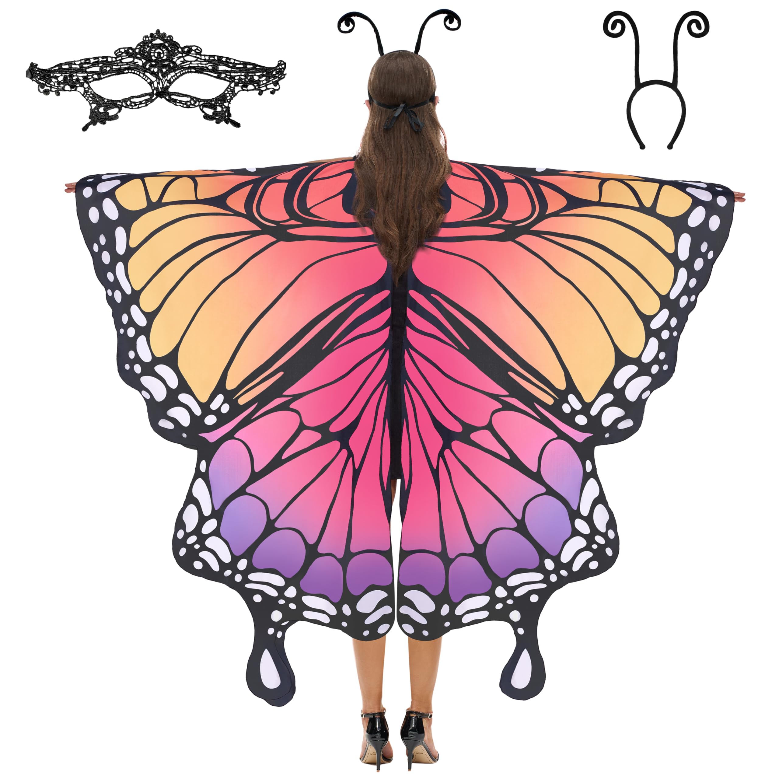 Spooktacular Creations Butterfly Wing Cape Shawl with Lace Mask and Black Velvet Antenna Headband Adult Women Halloween Costume Accessory (Rainbow)