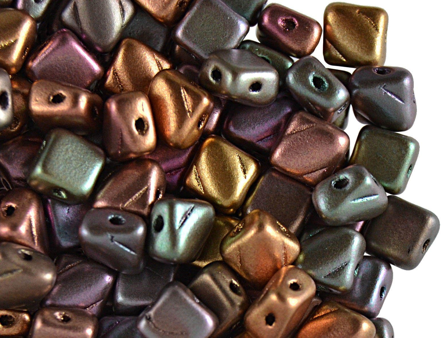 30 Pieces Silky Beads - Czech Glass Pressed Beads with Two Diagonal Holes, Original Square 6x6 mm, Purple Iris Gold (Crystal Violet Rainbow)