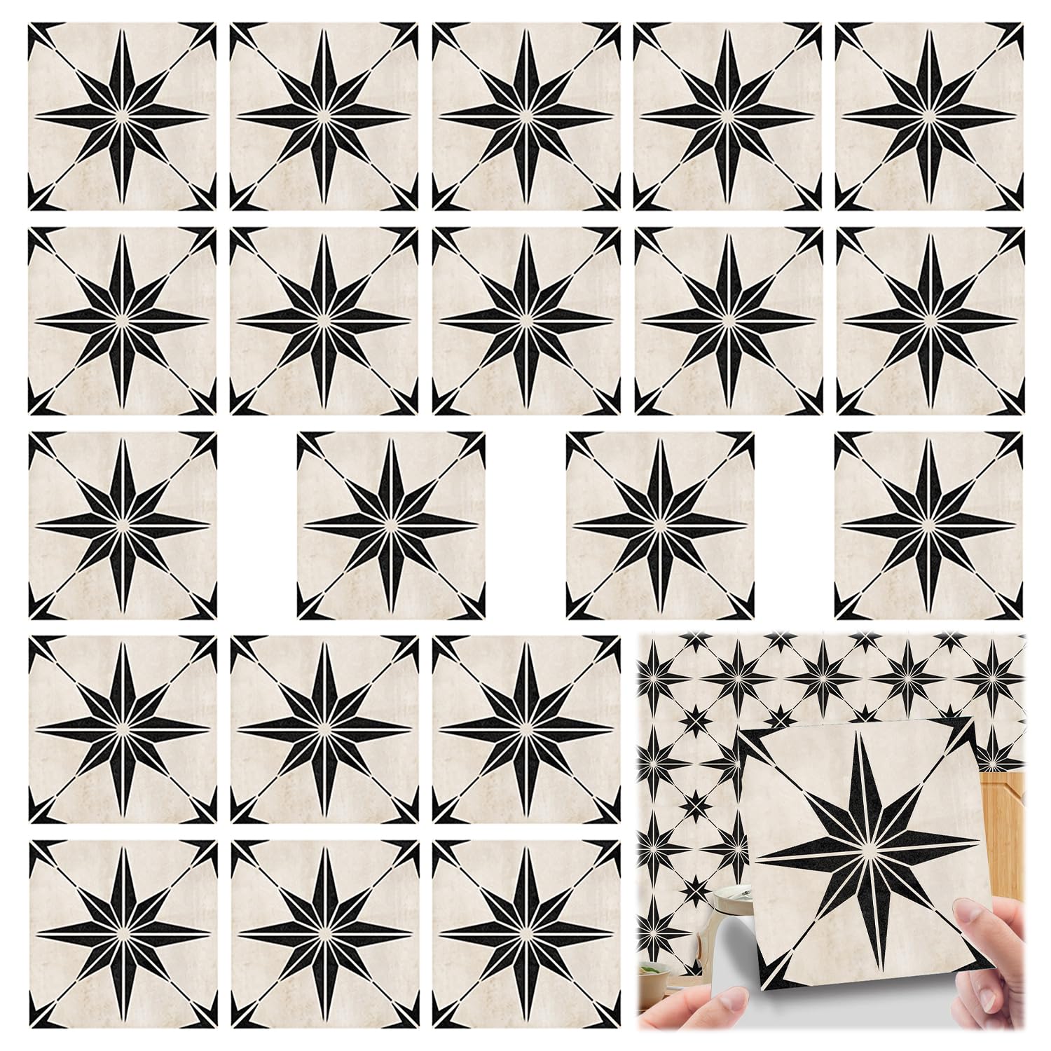 20 Pieces Classic Eight-Pointed Star Black and White Backsplash Wall Art Decal for Kitchen DIY Decoration, Tile Stickers