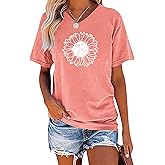 EADINVE Women's Short Sleeve V Neck Sunflower Graphic Printed Summer Tee Vintage T Shirt Cotton Tops Novelty Cool Shirt