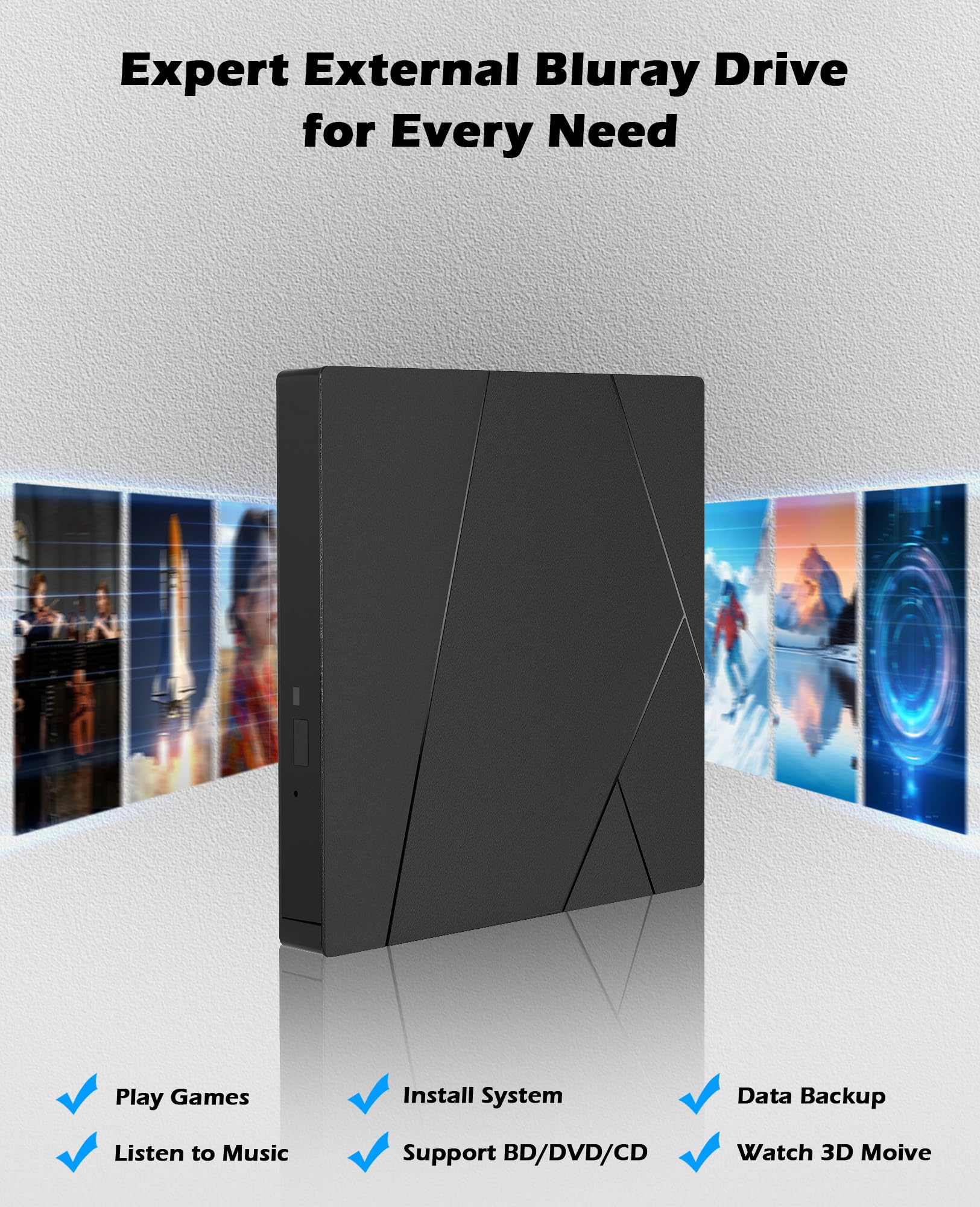 Wbacon External Blu-ray Drive, External Blueray/DVD Drive for PC External Bluray Burner with Extension Data Cable USB 3.0 Type-C Compatible with Windows/MacOS/Linux Laptop Desktop
