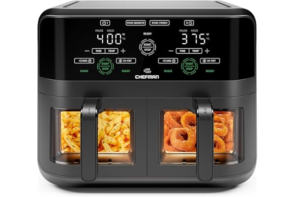 CHEFMAN 6 Quart Dual Basket Air Fryer Oven with Easy View Windows, Sync Finish, Hi-Fry, Auto Shutoff, 2 Independent 3Qt Nonst