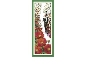 CaptainCrafts Cross Stitch Kits Stamped Cross Stitch Printed 11CT Fabric Cross Stitching DIY Art DMC Needlecrafts Embroidery Kit for Adults Beginner (Stamped, Red Flowers and Black Cat)