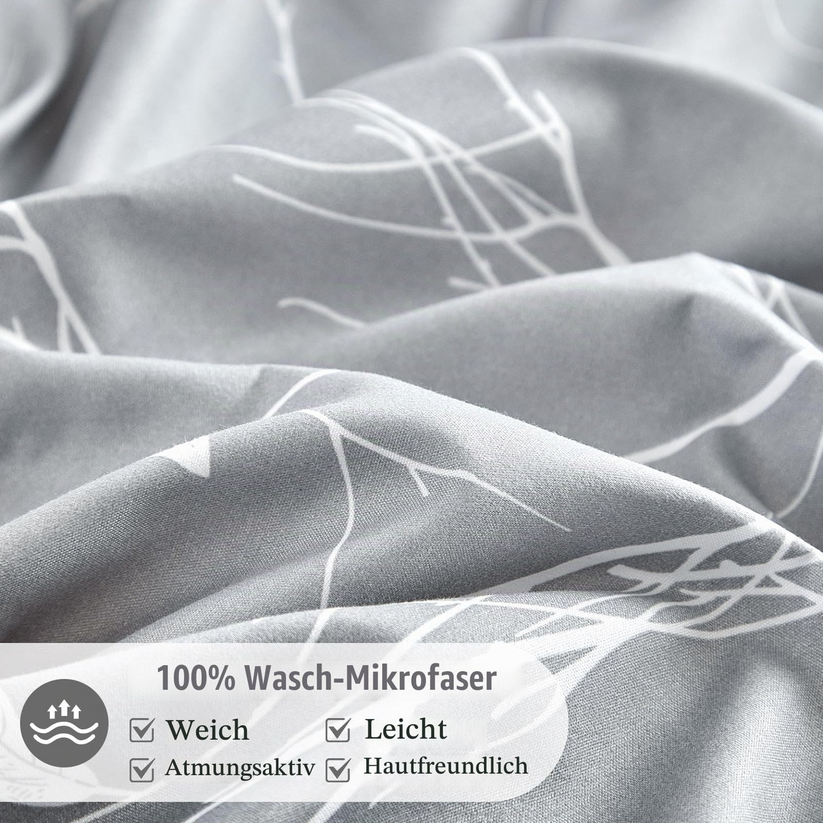 Lekesky Bettwäsche 135x200 2teilig + 1 Kissen 80x80, Grau Weiß Zweig 6