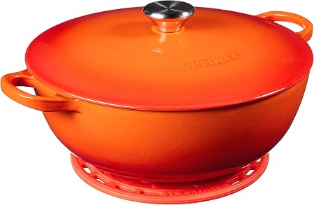 Le Creuset Enameled Cast Iron Curved Round Chef's Oven with Silicone French Trivet, 4.5 qt., Flame