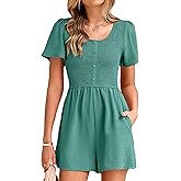 Simplee Womens Summer Short Sleeve Romper Casual Loose Decorative Button Smocked Dressy Shorts Jumper Jumpsuit 2025