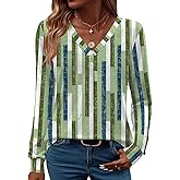 LUYAA Blouses for Women Dressy Casual Long Sleeve Shirts V Neck T Shirts for Women Business Casual Green White Print XL