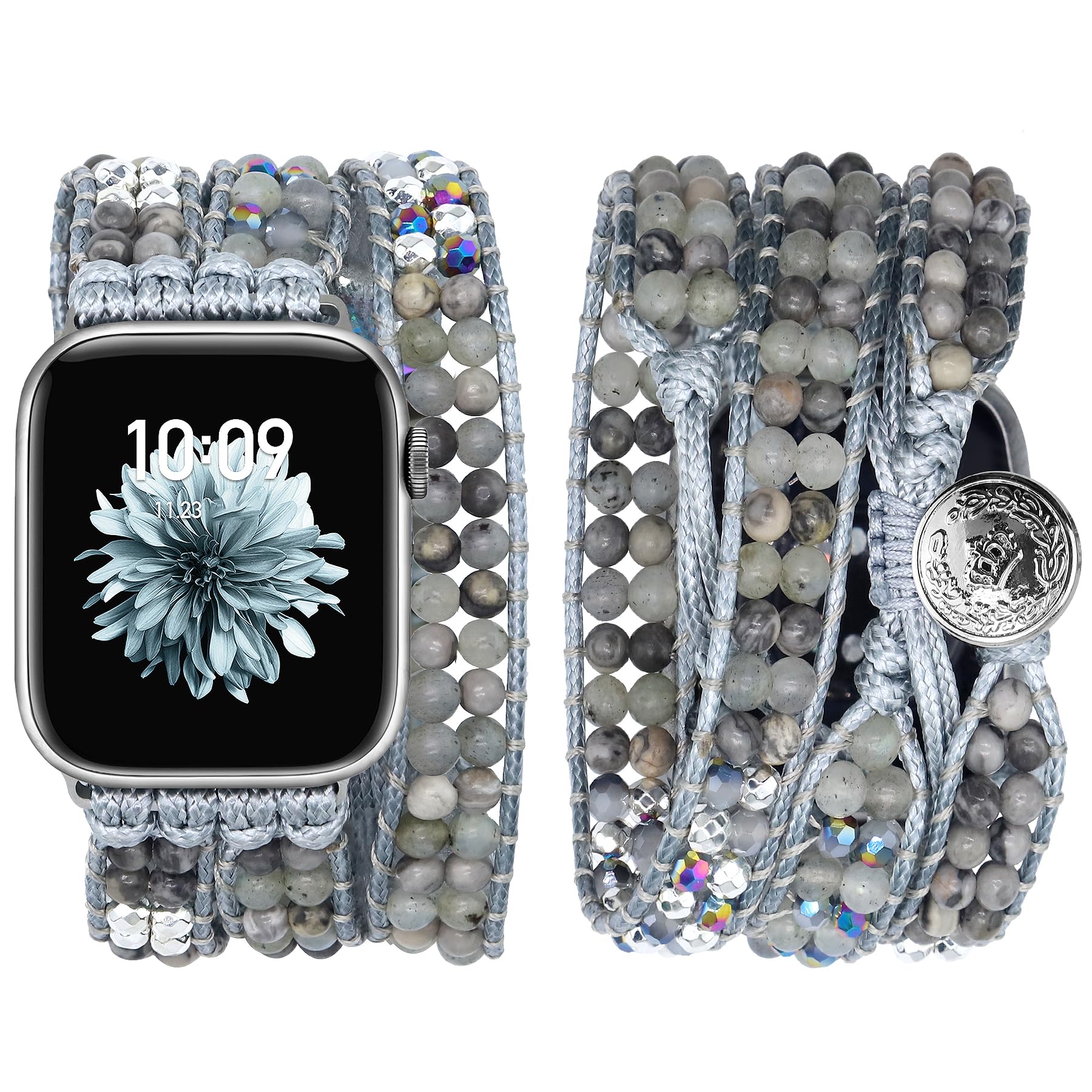 Photo 1 of JR.DM Boho Beaded Band Women Compatible with Apple Watch 42mm(S3/2/1) 44mm 45mm 46mm 49mm Grey Bead Stone Bracelet Adjustable Handmade Braided Strap for iWatch Series 11/10/9/8/7/6/5/4/SE 3/2/1/Ultra