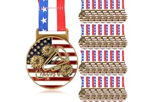 Loetere 30 Pieces Patriotic Medals Gold Medals Bulk Trophy with Neck Ribbons Spirit Medallion with Stars Stripes American Flag for Sports Trophy Participation Winner Gift