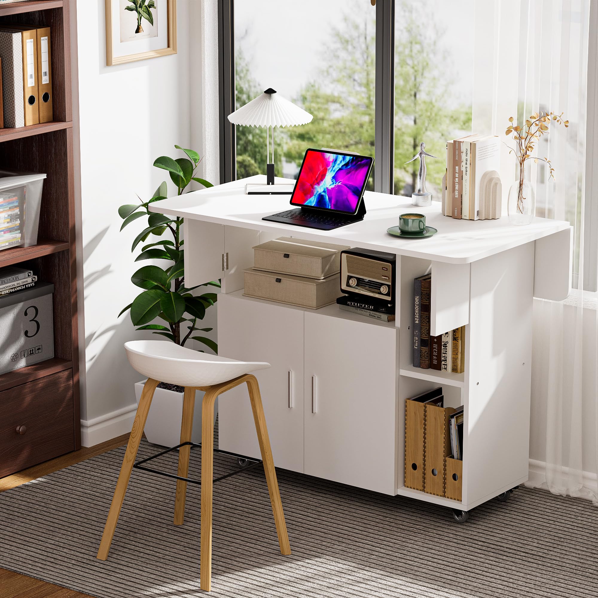 Ztexkee Mobiler Klapptisch Klappbarer Esstisch auf Rädern Klapptisch mit 1 großen Schrank und 3 offenen Fach Sideboard Mobiler Esstisch für kleine Räume Esszimmer Küche 100 x 70 x 79 cm Weiß 7